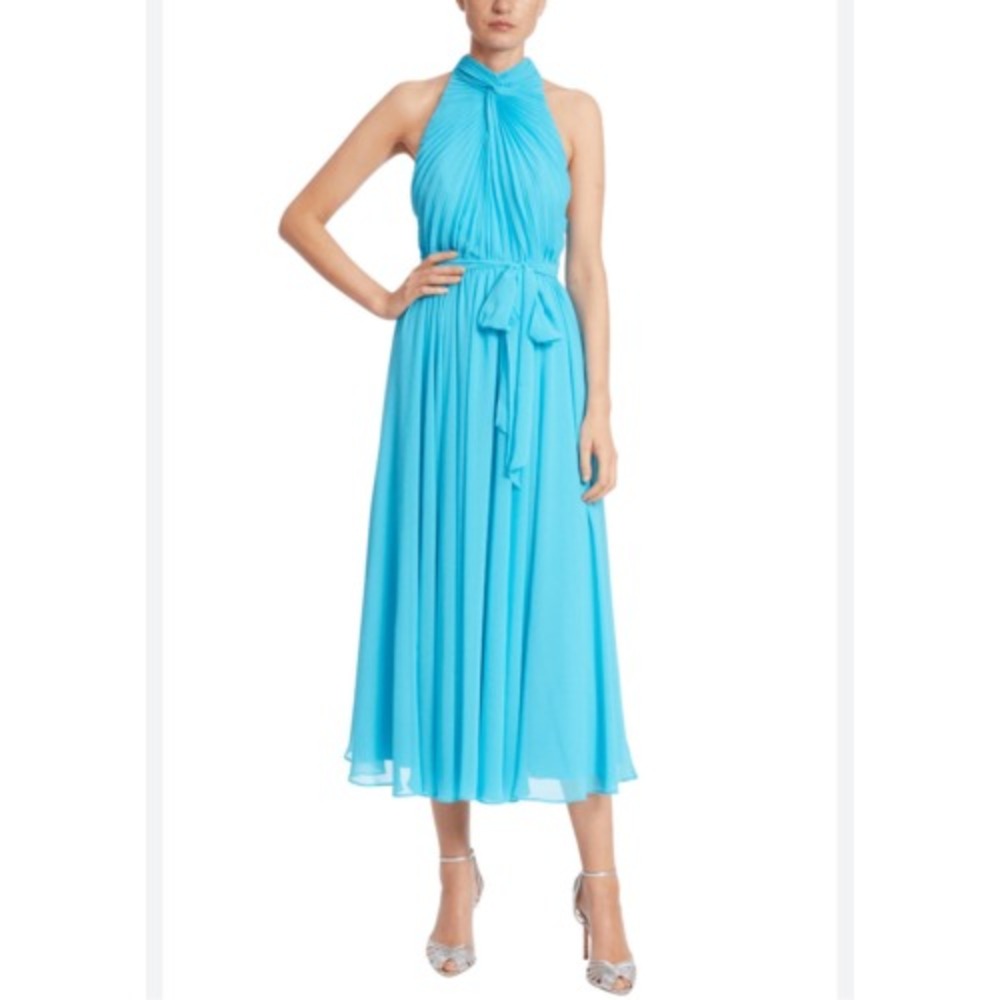Badgley Mischka Dress Pleated Women‎ 4 Blue Turquoise Long Belt High Neck New